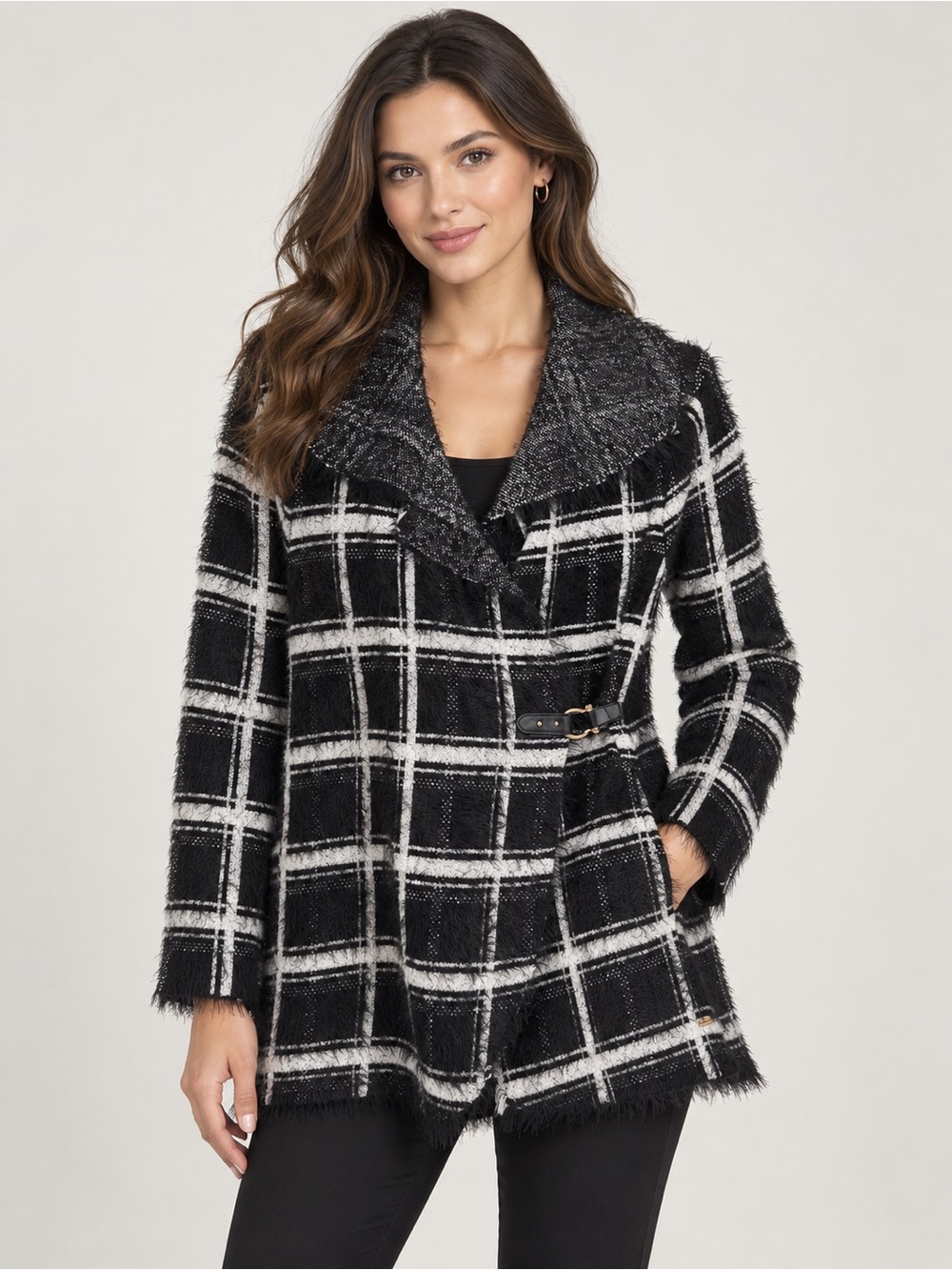 Black Rivet Black & White Plaid Faux-Fur Trim Buckle Jacket
